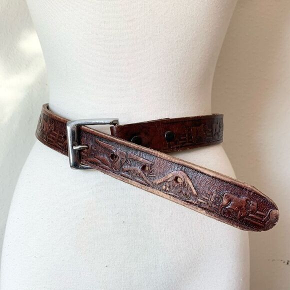 Vintage Brown Leather Western Belt Animal Square Leather Embossed 25-28” - Picture 2 of 8